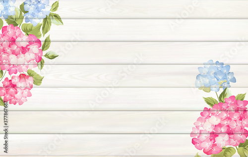 Flower background for your design. Rose and leaves on wooden background with empty space