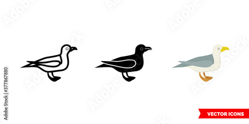 Sea gull icon of 3 types color, black and white, outline. Isolated vector sign symbol.