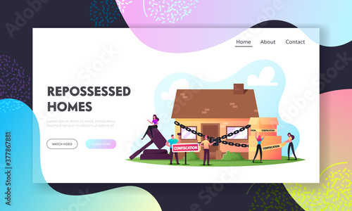 Characters Foreclosure in Auction Bidding Confiscated Property Landing Page Template. People Sale and Buy Confiscation