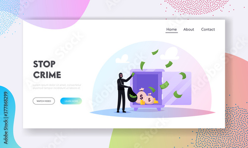 Gangster Theft Landing Page Template. Thief Character Commit Robbery Crime Put Stolen Money from Safe to Bag, Steal Prey
