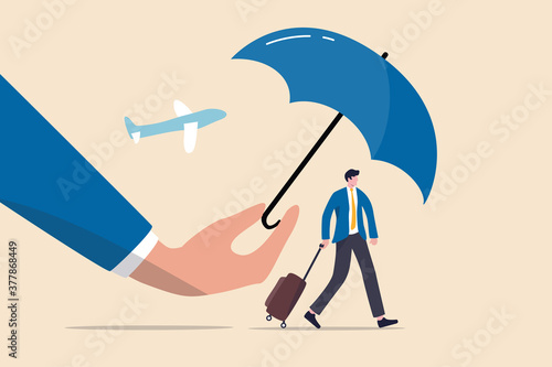 Travel insurance, protection for traveller before flying in COVID-19 Coronavirus era concept, magic hand holding umbrella as shield and guard to protect traveller who walking in the airport.