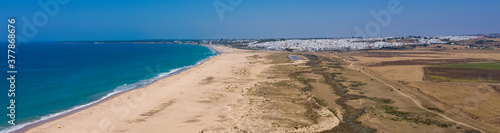 Panorama aerial view of the large sand beaches in south Spain next to Conil de la Frontera and El Palmar