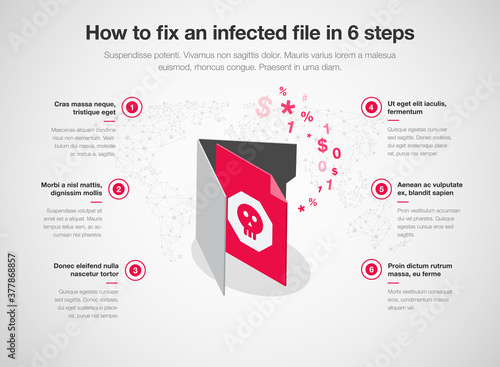 Simple infographic for how to fix an infected file in 6 steps, isolated on light background. Easy to use for your website or presentation.