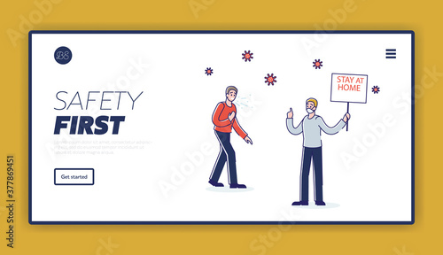 Warning for sick people landing page with self isolation and stay home concept