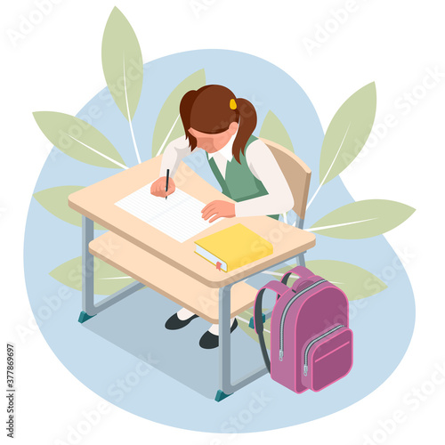 Isometric children at school sit at their desks and write. Schooling and Education.