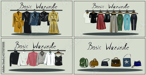 Capsule basic wardrobe for a woman. Minimalism. Fashion. Big cupboard. Wardrobe with a set of clothes on hangers and bags. Isolated vector objects.