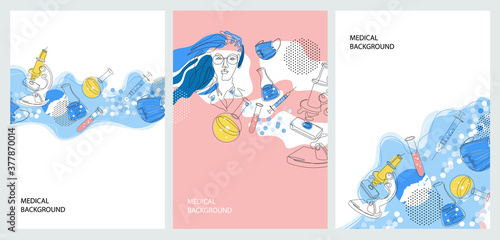 Medical background. Microscope, syringe, test tubes, mask. Laboratory research.