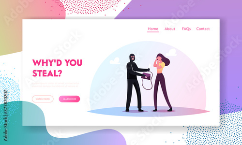 Gangsters Violence Organized to Steal Money from People Landing Page Template. Masked Robber Steal Bag with Money