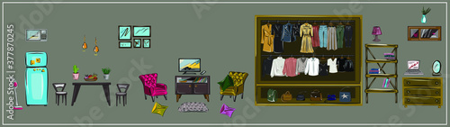 A set of furniture and household items. Wardrobe with a set of clothes on hangers and bags. Chairs and cabinets, chests of drawers and shelves, refrigerator and lamps, floor lamps and chandeliers. 