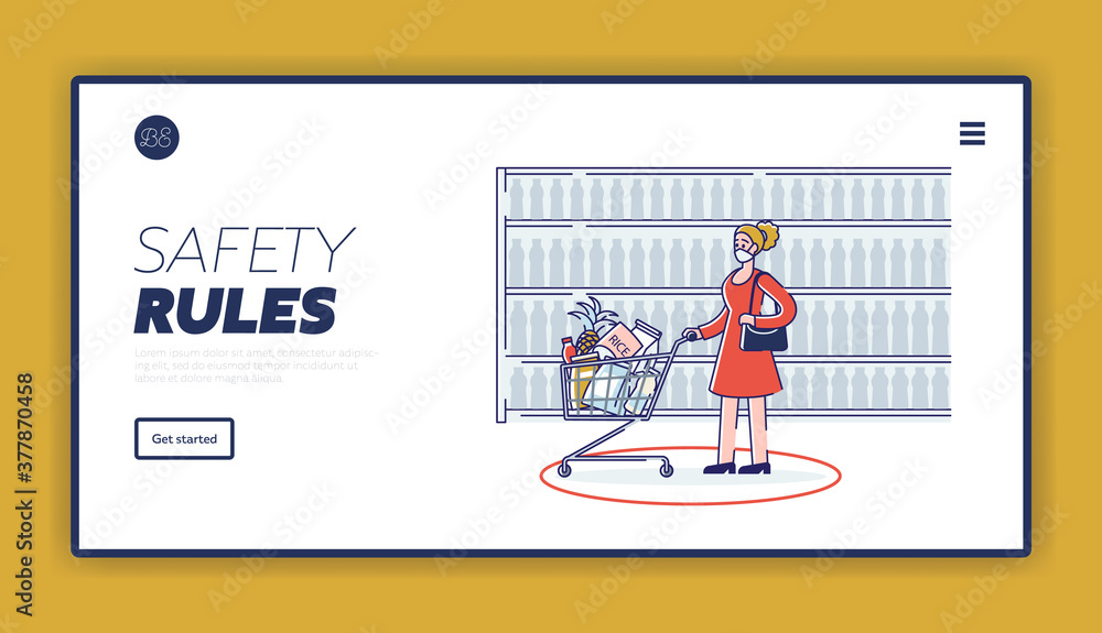Safe shopping in covid quarantine landing page with female wearing mask