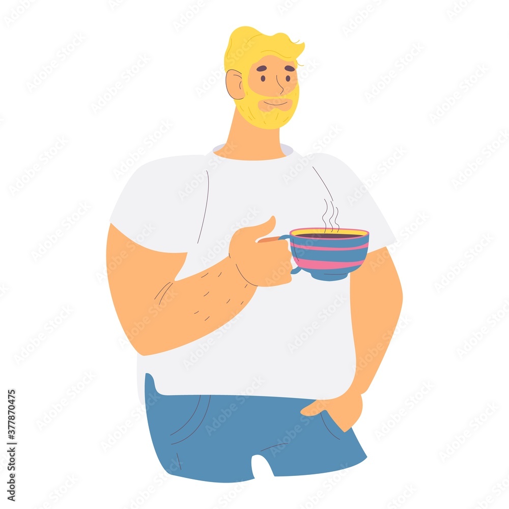 Blonde man with coffee cup. Vector flat character isolated on white Blonde man with coffee cup. Vector flat character isolated on white