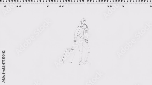 young woman goes at pen draw with suitcase