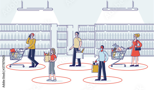 Safe shopping during covid quarantine with consumers keeping social distance and wearing masks