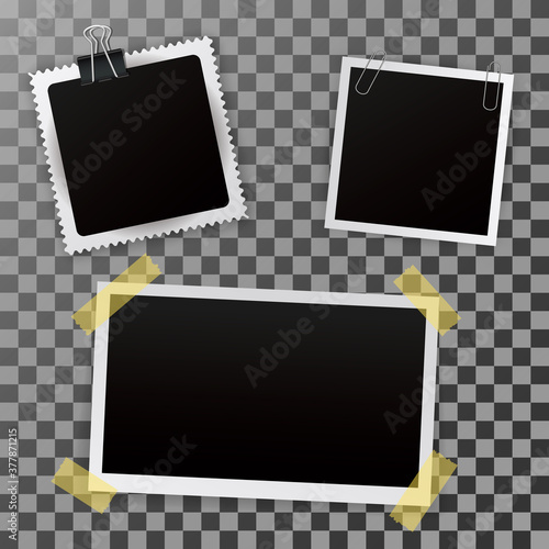 Vector Photo frame mockup design. Super set photo frame on sticky tape isolated on transparent background. Vector illustration.
