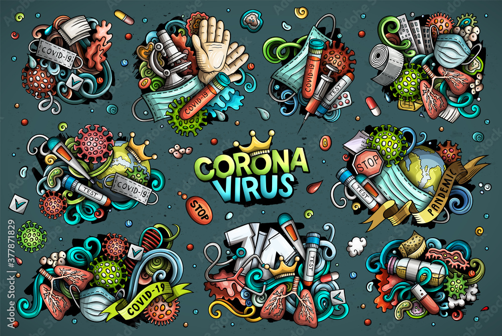 Fototapeta premium Vector doodles cartoon set of Coronavirus objects and elements