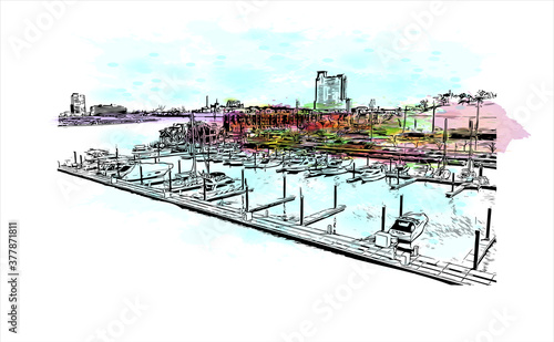 Building view with landmark of Baltimore is a major city in Maryland with a long history as an important seaport. Watercolor splash with hand drawn sketch illustration in vector.