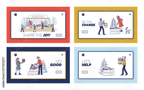 Set of landing pages with cartoons donating for christmas. People giving toys for charity