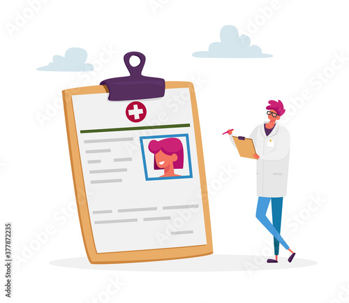 Tiny Male Doctor Write Diagnose for Diabetes Patient for Treatment Concept. Glucose Level or Schedule for Drug Applying
