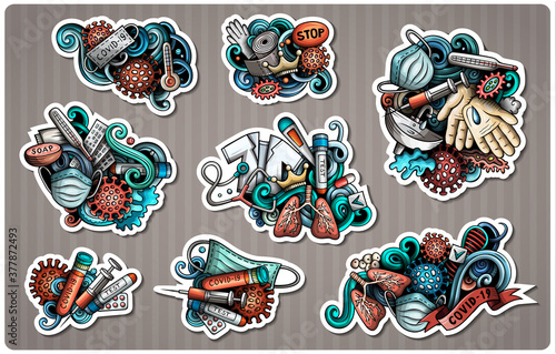 Doodle cartoon set of Epidemic theme stickers