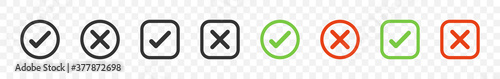 Check mark with cross mark. Vector icons in square and circle. Yes or No symbols. Check mark and cross icons. Vector illustration
