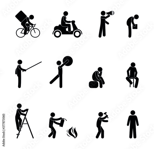 people are busy with various activities, sports, work and travel, pictogram man, isolated stick figure human icons