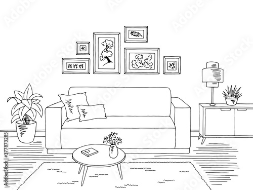 Living room graphic black white home interior sketch illustration vector