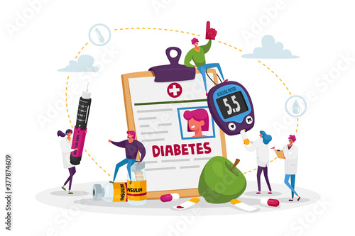 Diabetes Disease, High Sugar Level in Blood. Tiny Characters with Glucose Meter and Insulin Injection Pen, Mallitus