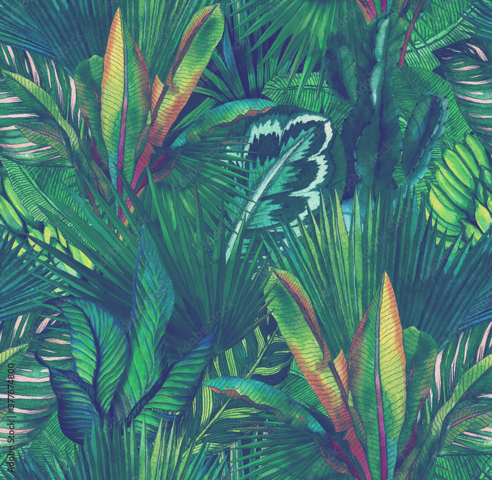 Fototapeta Tropical leaves hand-drawn by watercolor. Seamless tropical pattern. Stock illustration