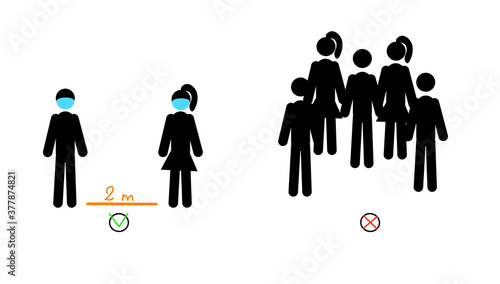 Poster with information about social distance. The icon of social distancing. Keep a distance of 2 meters. Stay safe. To avoid large concentrations of people.