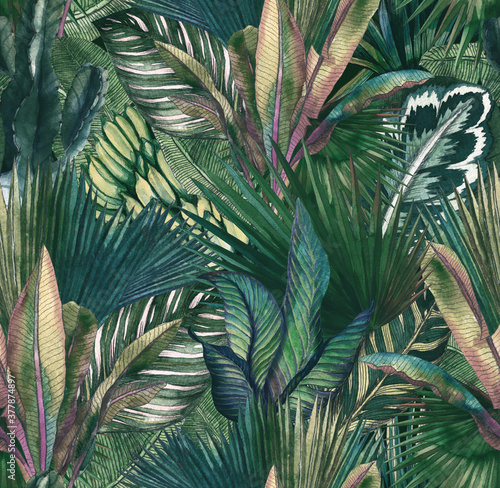 Tropical leaves hand-drawn by watercolor. Seamless tropical pattern. Stock illustration photo