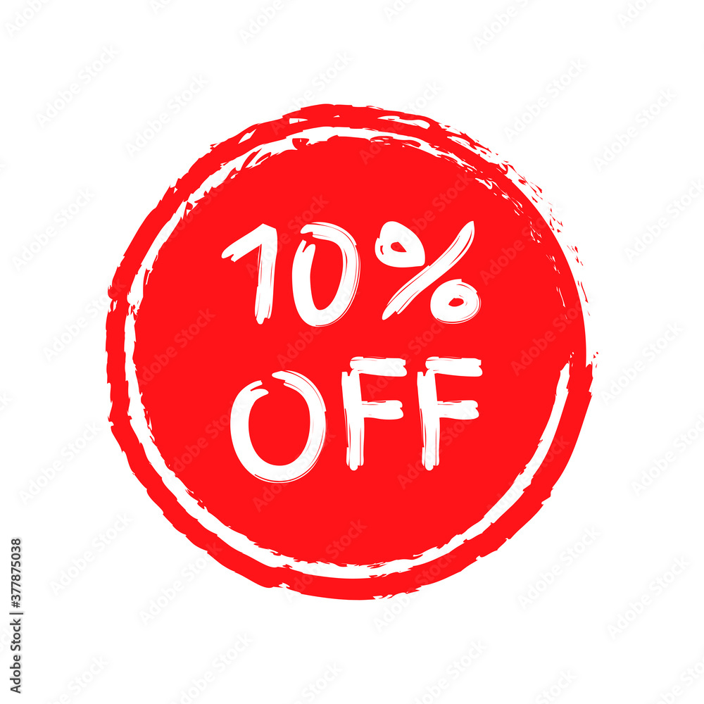 Sale sticker or icon. 10 percent price off discount label or tag with grunge texture. Hand drawn promo badge for advertising design. Vector illustration. Sale sticker or icon. 10 percent price off discount label or tag with grunge texture. Hand drawn promo badge for advertising design. Vector illustration.