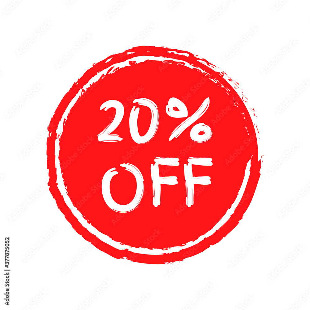 Sale sticker or icon. 20 percent price off discount label or tag with grunge texture. Hand drawn promo badge for advertising design. Vector illustration.