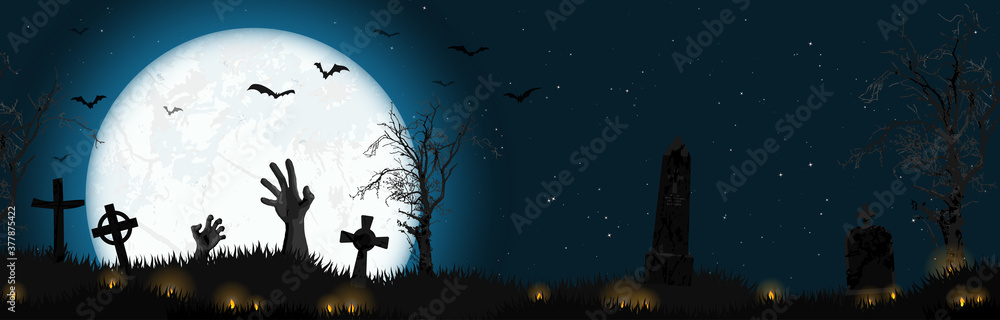 Halloween zombie hands in front of full moon