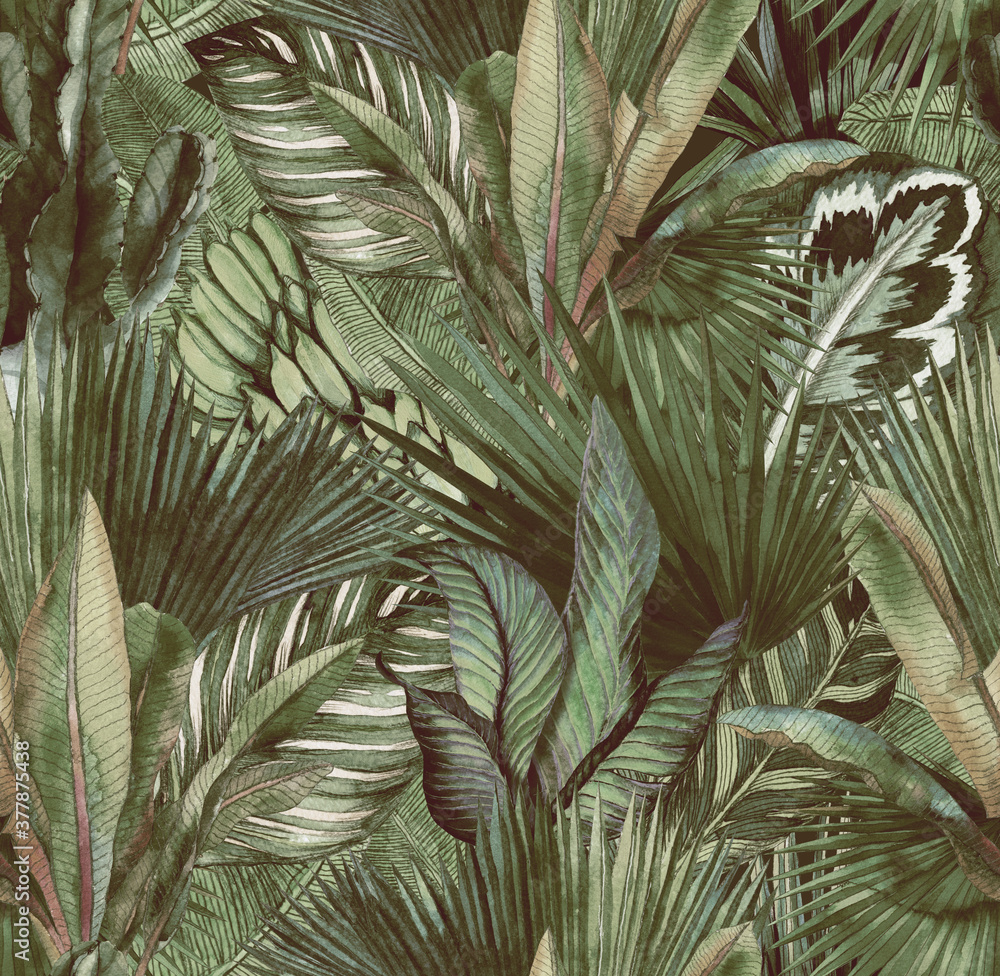 Fototapeta Tropical leaves hand-drawn by watercolor. Seamless tropical pattern. Stock illustration