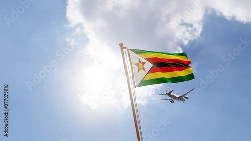 Flag of Zimbabwe Waving with Airplane arriving or departing, Realistic Animation