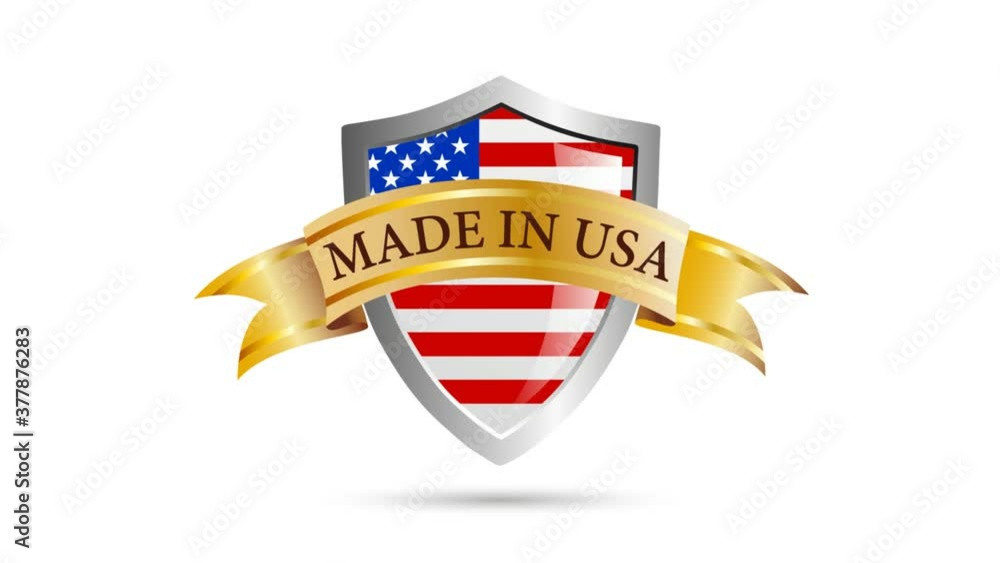 Made in Usa, shield with flag and ribbon with text. 2D animation. Clip footage 4k for Gif Made in Usa, shield with flag and ribbon with text. 2D animation. Clip footage 4k for Gif