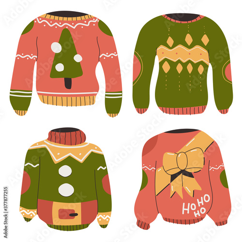Christmas ugly sweaters vector set isolated on a white background.