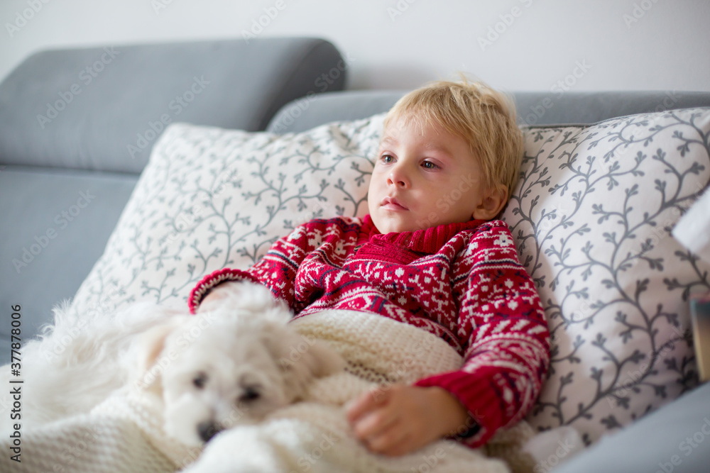 Sick child, toddler boy lying on the couch with his white puppy in living room with fever, resting Sick child, toddler boy lying on the couch with his white puppy in living room with fever, resting