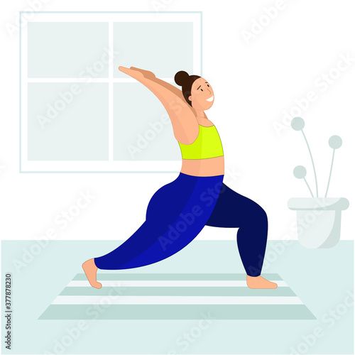 An illustration of a plus size woman doing yoga at home. Home workout. Body positivity concept.