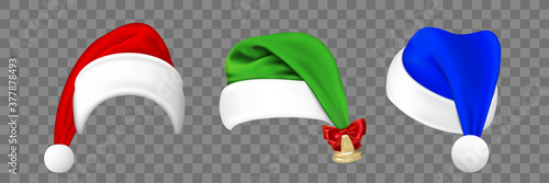 Realistic christmas hats set collection. Mockup of realism style drawn Santa Claus caps with jingle bells on different angles. Holiday headwear or xmas symbol on transparent background illustration.