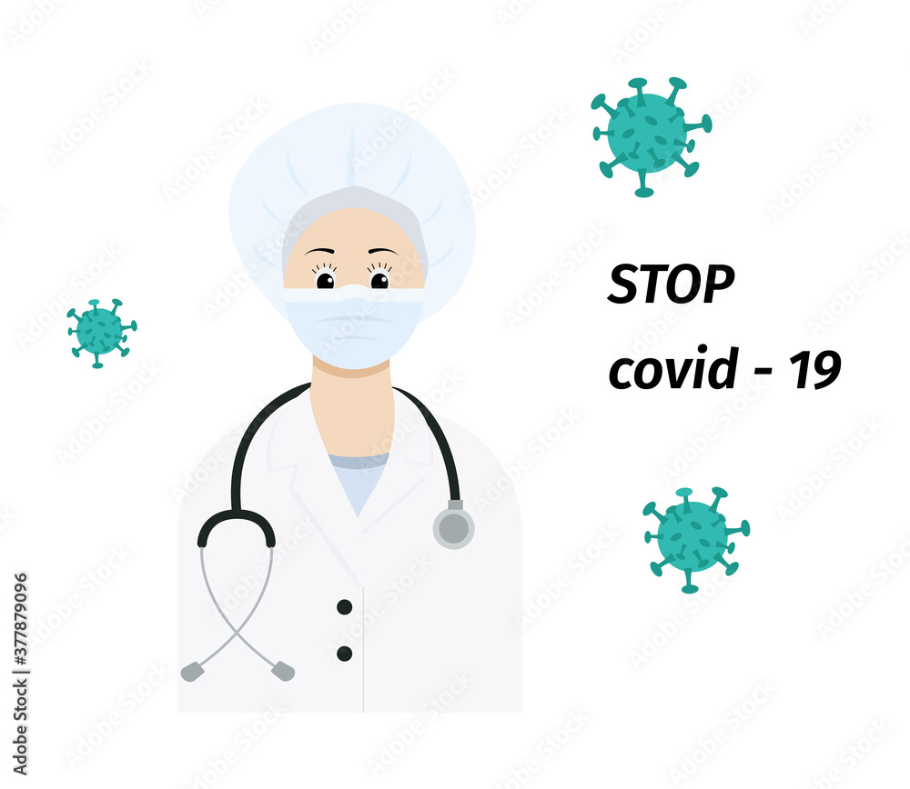 Masked doctor with stethoscope against coronavirus. Vector graphics.