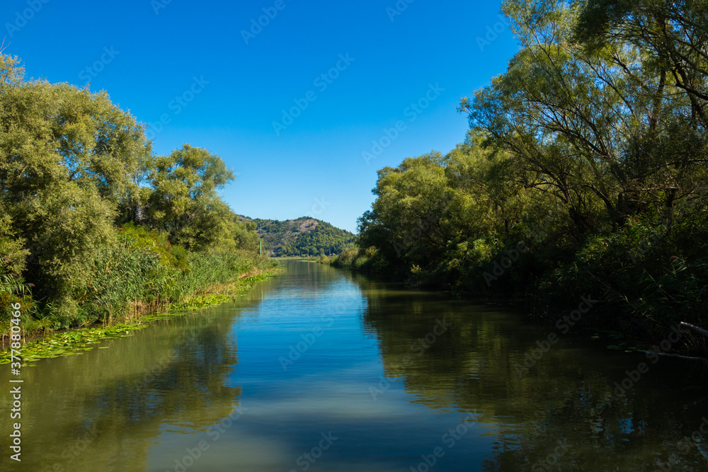 Travel on a pleasure boat along the rivers of Skadar Lake, view of the green banks and mountains Travel on a pleasure boat along the rivers of Skadar Lake, view of the green banks and mountains