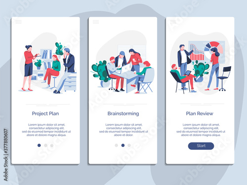 Team work onboarding mobile app page screen set. Project, brainstorming, plan review. Team building, teamwork, cooperation or partnership concept flat vector illustration