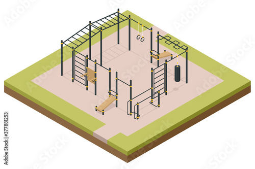Isometric outdoor exercise equipment, outdoor sports ground. Element and equipment for urban outdoor training.
