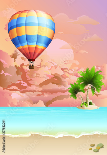 Fototapeta Naklejka Na Ścianę i Meble -  Picturesque tropical island beach scene with hot air balloon flying over the ocean set against a dawn or dusk pink sky
