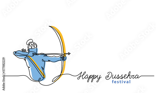 Simple Dussehra background with bow, arrow and lord Rama. One continuous line drawing with lettering happy Dussehra. Vector banner, background, sketch, illustration.