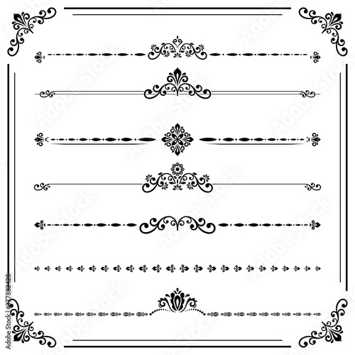 Vintage set of vector decorative elements. Horizontal separators in the frame. Collection of different ornaments. Classic black patterns. Set of vintage patterns
