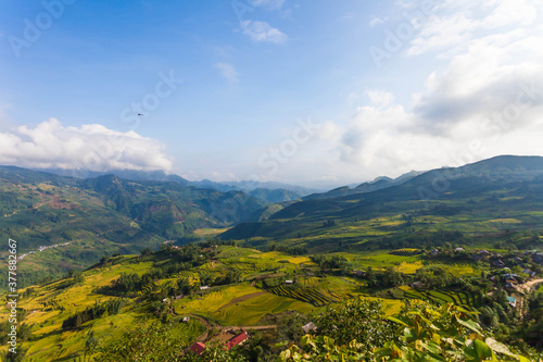 Amazing landscape in Northwest Vietnam. Terraced fields in Ta Xua, Bac Yen, Son La province, Vietnam. At an altitude of 2000m above sea level, this place is also known by the name: Clouds Paradise.