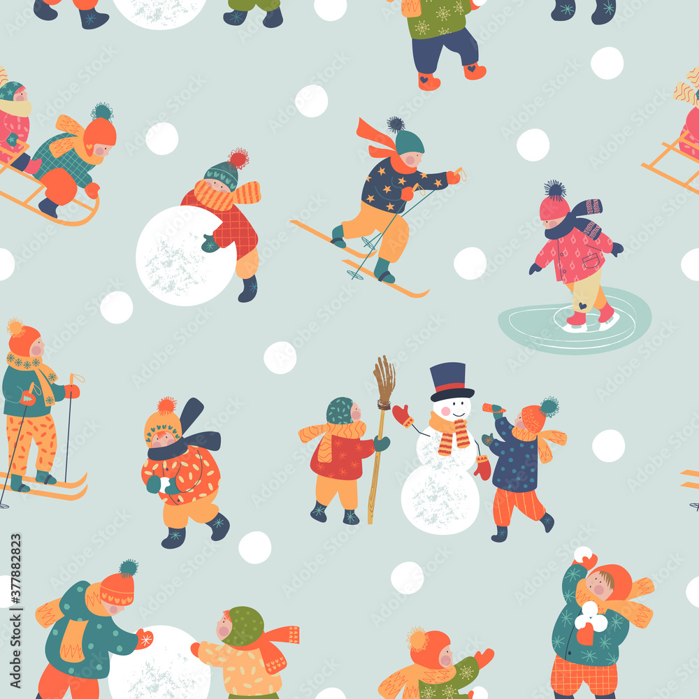 Fototapeta premium Seamless pattern. Winter season background kids characters. Flat vector illustration. Winter outdoor activities. Children have fun.