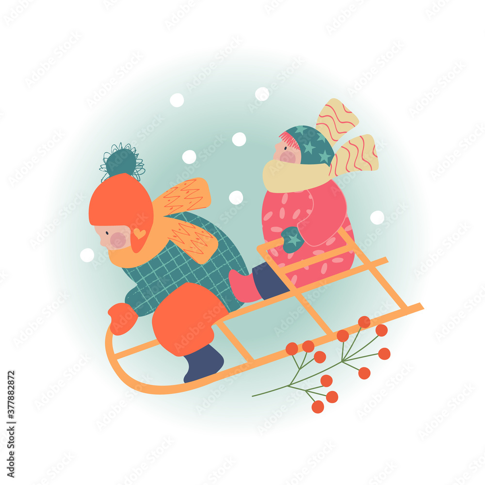 Fototapeta premium Winter season background kids characters. Flat vector illustration. Winter outdoor activities. Children have fun.